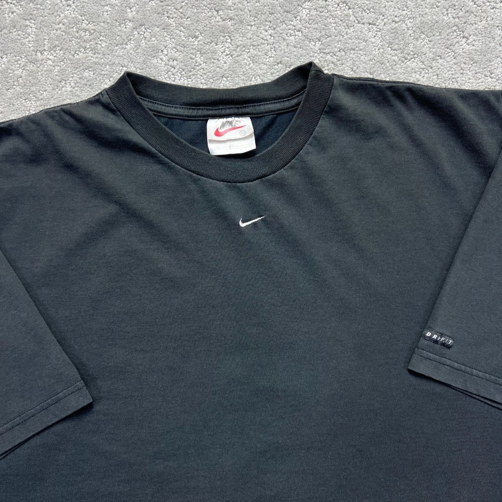VINTAGE Nike T-Shirt Mens XXL Faded Black Center Swoosh Embroidered Logo Dri Fit
